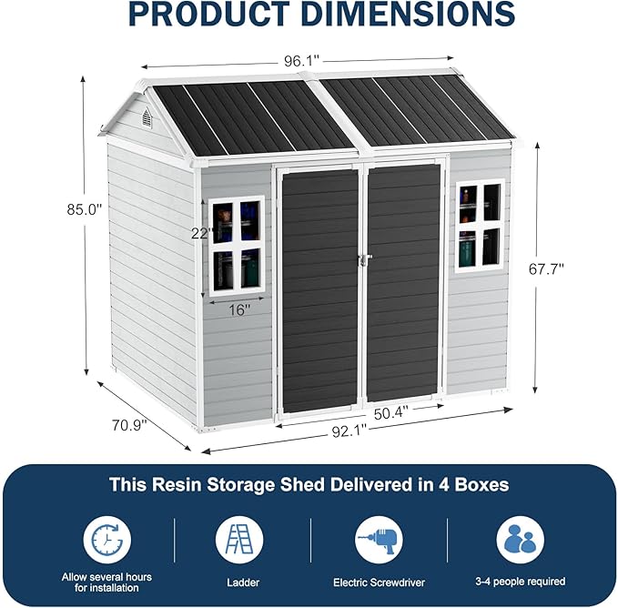 CDCASA 8x6 FT Resin Storage Shed, Waterproof Large Outdoor Sheds with Floor Included & Lockable Door & 2 Windows, Outside Plastic Tool Shed for Backyard, Patio, Poolside, Bike, Dove Grey