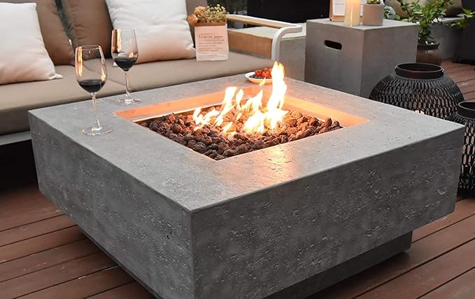 Elementi Manhattan Gas Fire Pit Bundle Concrete Fire Table, Outdoor Fire Pit Electronic Ignition | Canvas Cover, Lava Rock Included | Free AMS Wind Guard | Light Gray (Propane Gas)
