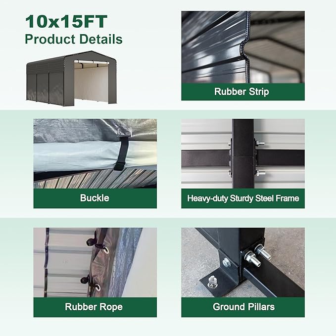 Metal Carport 15.1 x 10.3 x 8.4 FT with Galvanized Steel Frame & Waterproof UV-Resistant Tarpaulin – Sturdy Outdoor Shelter for Cars, Trucks, Boats, or Equipment, All-Weather Protection