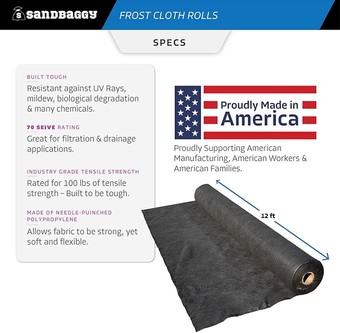 Sandbaggy Frost Cloth Rolls (12 ft x 100 ft) | Winter Cover for Shrubs, Trees, Gardens | Plant Blanket, Freeze Protection | Black, 4 oz Polypropylene (1 roll)