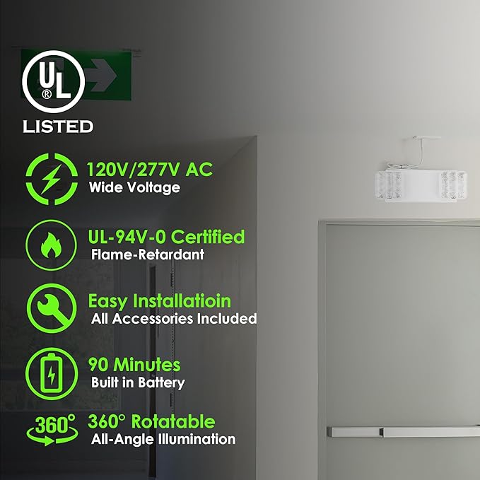 GRUENLICH LED Emergency Light, Exit Lighting Fixtures with Two LED Heads and Back-Up Batteries, UL 924 Qualified, 120/277 Voltage, 4-Pack