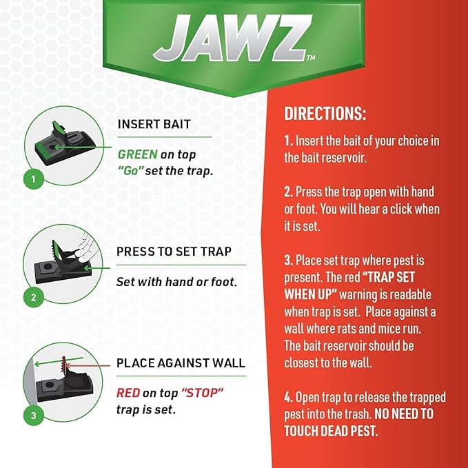 JT Eaton 409 Jawz Indoor Plastic Mouse Trap for Solid or Liquid Bait, Instant Kill Mouse Traps, No-Touch Disposal with Trap Set Indicator 6-Pack