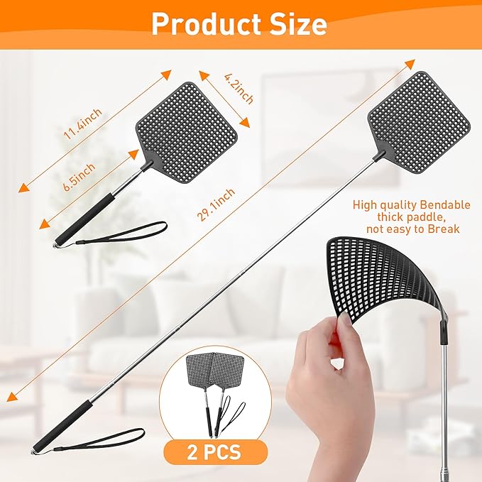 Telescopic Fly Swatters 2 Pack, Premium Plastic Flyswatter, Fly Swatter Heavy Duty for Indoor, Outdoor, Classroom, Stainless Steel Handle(Black)