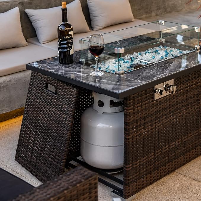 44in Outdoor Propane Gas Fire Pit Table, 50,000 BTU Auto-Ignition Gas Firepit with Glass Wind Guard, Marble Tile Tabletop, Mixed Color Glass Rocks, Brown PE Rattanā¦