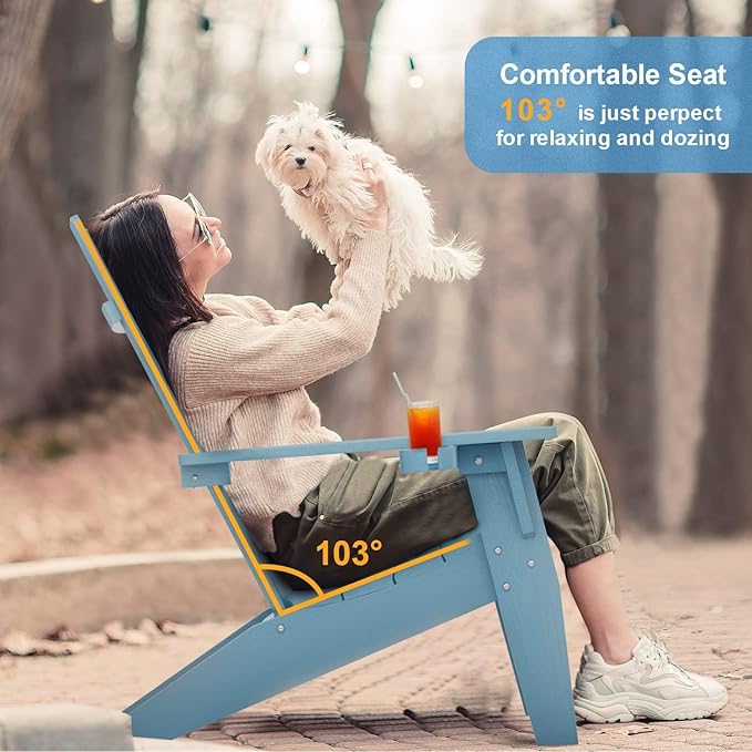 MXIMU Modern Adirondack Chair Weather Resistant with Cup Holder Oversized Fire Pit Chairs Adorondic Plastic Outdoor Chairs for Firepit Area Seating (Blue)