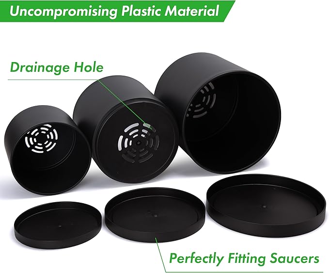 D'vine Dev 12 Inch 14 Inch 16 Inch, Set of 3 Plastic Planter Pots for Plants with Drainage Hole and Seamless Saucers, Black Color, XXX-Large, 74-V-B-7