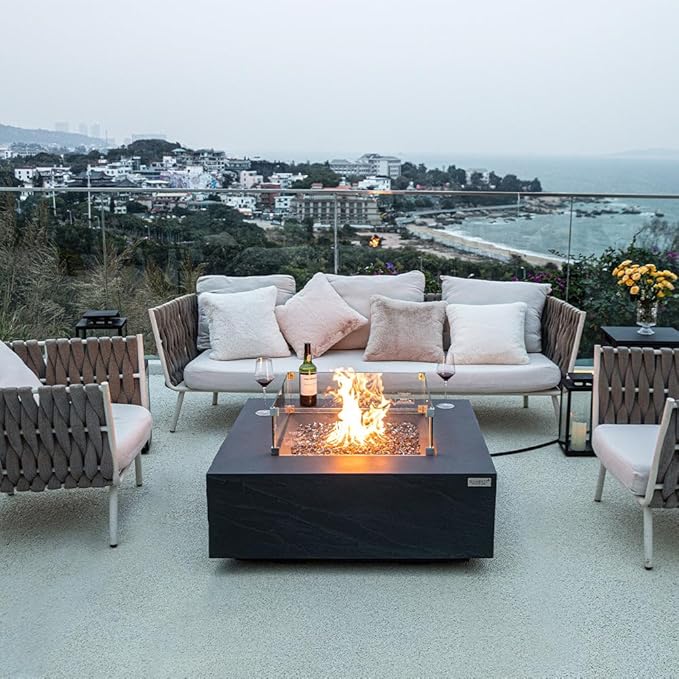 Roraima Concrete Fire Pit 40" x 40" Patio Firepit Includes Fire Glass Modern Fire Pits & Outdoor Fireplaces for Garden, Deck, Indoor & Outdoor Heating