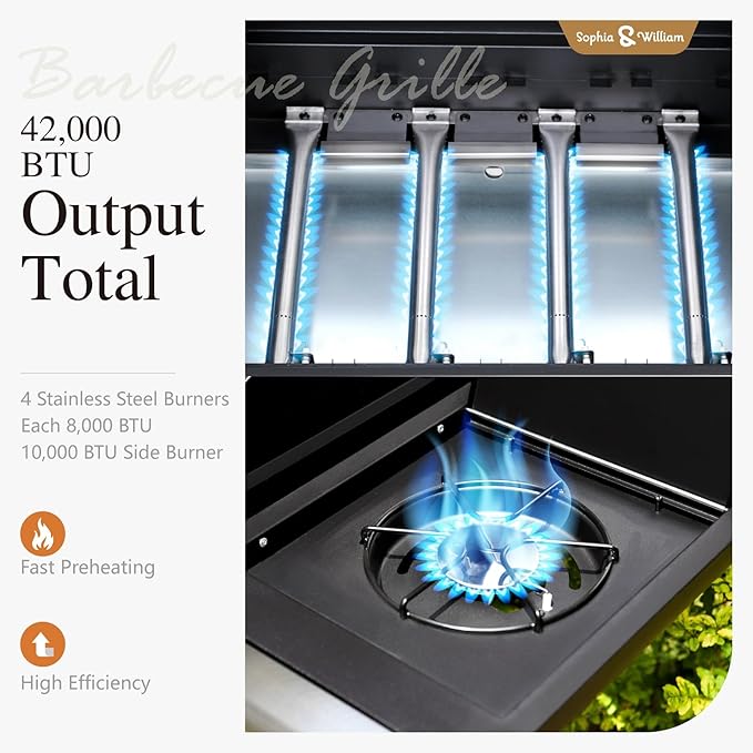 Sophia & William 4-Burner Gas BBQ Grill with Side Burner and Porcelain-Enameled Cast Iron Grates, 42,000BTU Propane Grills Outdoor Cooking Barbecue Grill Cabinet Style, Golden