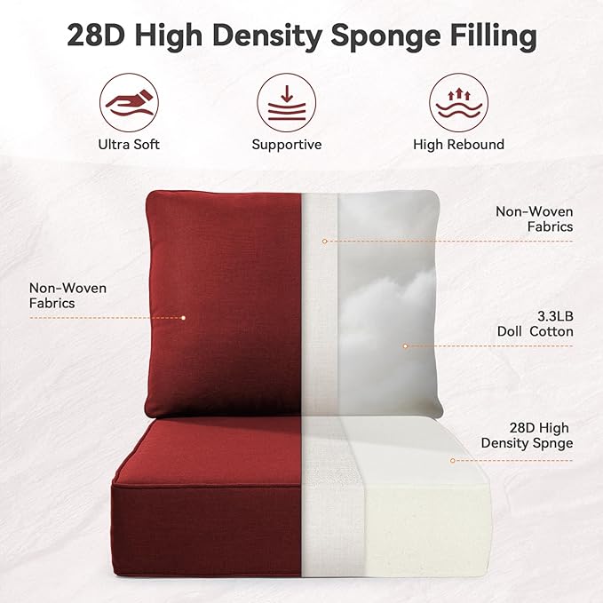 Luxury 6" Outdoor Cushions for Patio Furniture, 24x24x6 Thick Seat Cushion Set of 2, Fade Resistant Couch Chair Replacement Cushions High Density Deep Wicker Chair Cushion w/Removable Cover, Red