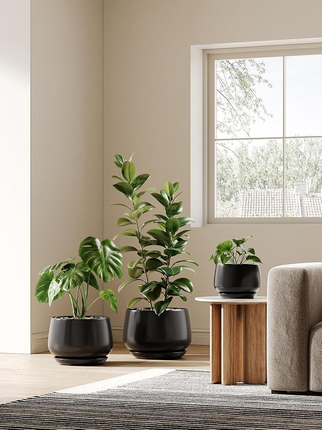 LE TAUCI Ceramic Planters, 12 Inch Pots for Plants, Indoor Plant Pots with Drainage Holes and Saucers, Modern Planters Fit Mid Century Plant Stand, Flower Pots for Indoor Plants, Black