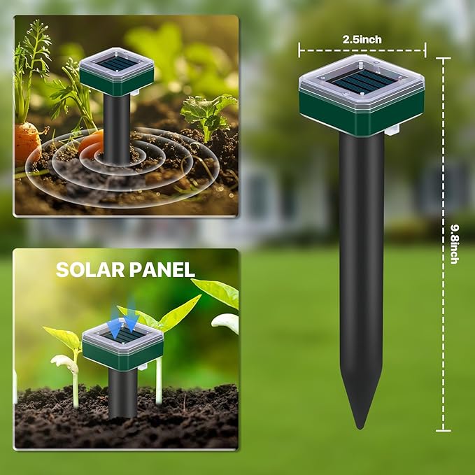 Mole Repellent Solar Powered for Lawns Snake Repellent for Yard Gopher Trap Groundhog Vole Repellent Ultrasonic Spike Outdoor Waterproof Sonic Chipmunk Rodent Burrowing Animals Deterrent Stake (4)