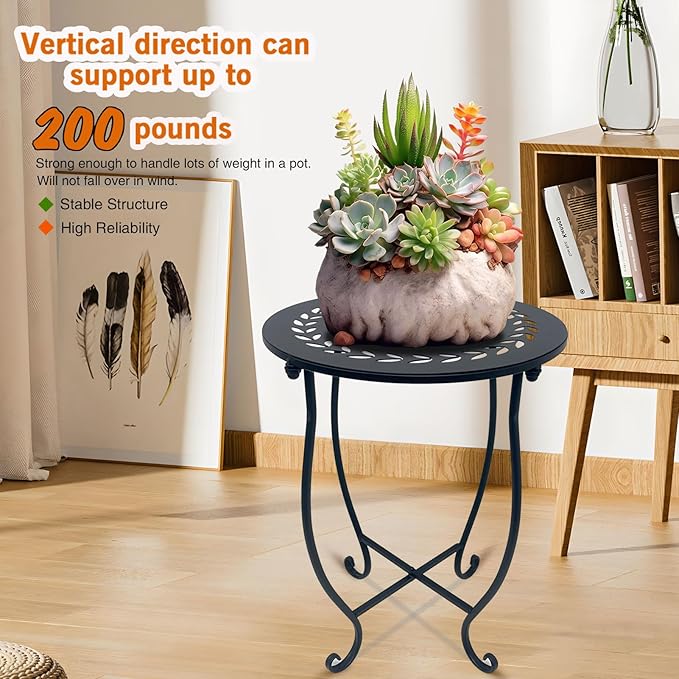 Indoor Outdoor Small Metal Round Side Table, 14 Inch Patio Coffee Bistro Table, Weather Resistant Black Metal Side Table for Patio Balcony Yard Porch Garden, Plant Stand for Indoor Outdoor Use