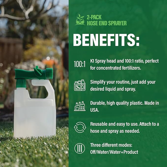 Humboldts Secret 2-Pack Garden Hose End Sprayer | Multipurpose Lawn Attachment with 100 to 1 Mixing Ratio | Garden Sprayer for Lawn Care, Fertilizing, Car Wash & Outdoor Use | 32 ounce