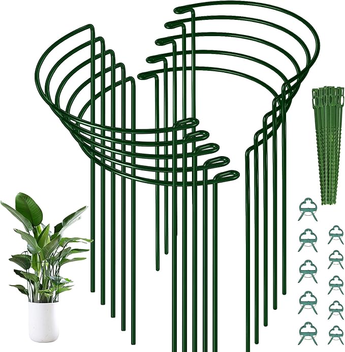10 Pack Plant Support Stakes, 10" (W) x 16"(H) Half Round Heavy Duty Metal Garden Plant Cages for Outdoor Plants, Rust-Proof Durable Peony Cages and Supports with 10 Plant Clips and 20 Plant Ties