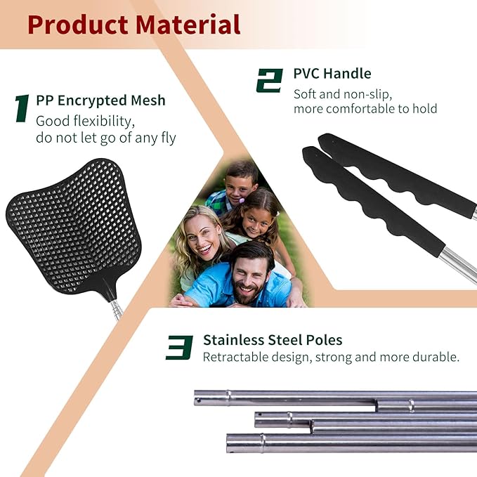 Fly Swatters 3 Pack Black, Durable Telescopic Stainless Steel Handle, Heavy Duty Upgraded Plastic Fly Swatter Set for Indoor Outdoor Home Hiking Camping Garden