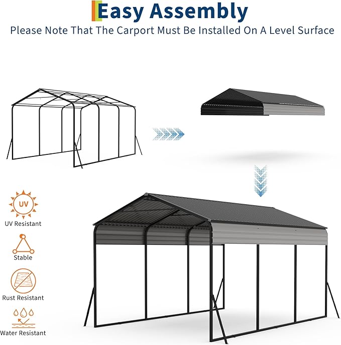 10x15 FT Heavy Duty Metal Carport with Galvanized Steel Frame & Roof, All-Weather Portable Car Garage Shelter, Metal Carports Garage for Cars, Trucks, Boats, Wind & Snow Resistant, Reinforced Base
