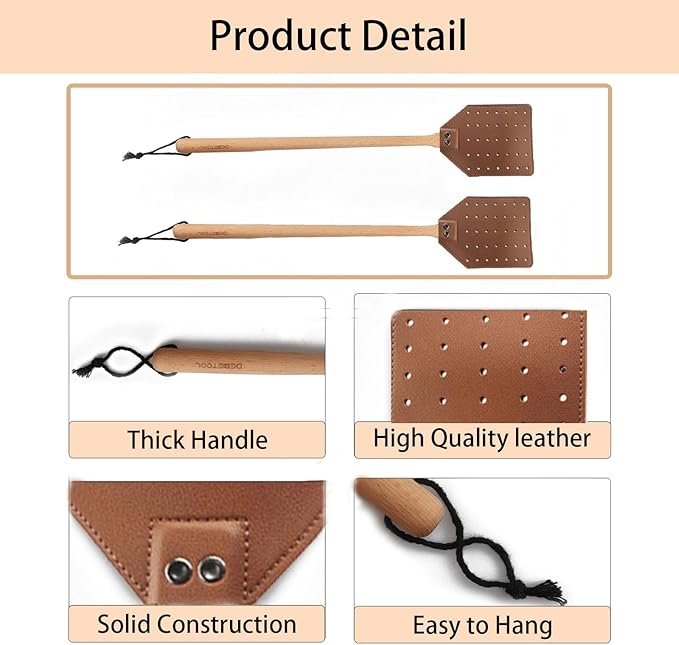 Leather Fly Swatter - Heavy Duty Manual Fly Swatter with Wood Handle, Durable Leather Fly Swatter for Indoor and Outdoor Use (Brown)