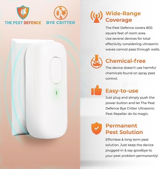 Pest Defence Ultrasonic Pest Repeller, Bye Critter Ultrasonic Pest Repeller Plug-in Mouse Repellent for Home โ Repels Mice, Spiders, Rodents, Cockroaches, and Ants โ Eco-Friendly, Chemical-Free