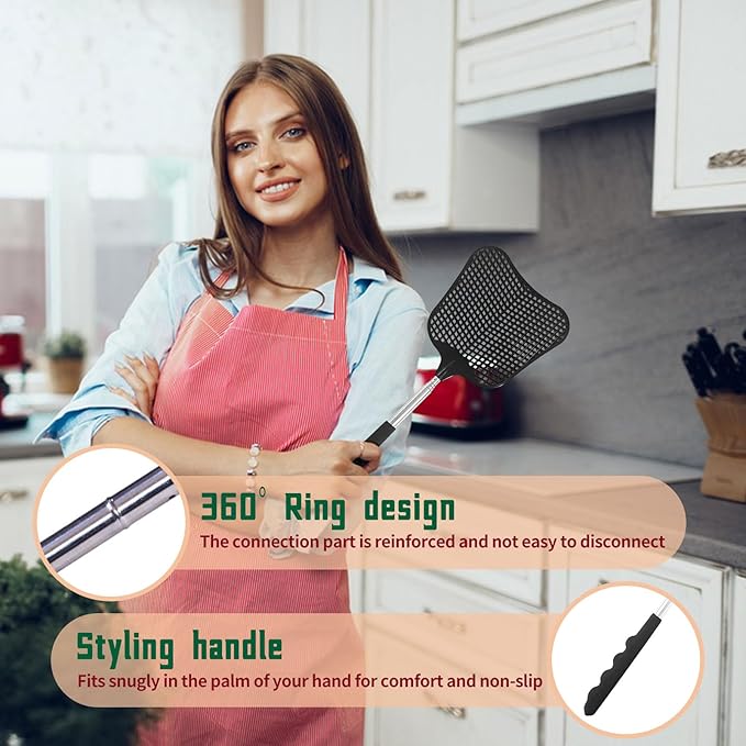 Fly Swatters 3 Pack, Durable Telescopic Stainless Steel Handle, Heavy Duty Bug Zapper Racket, Upgraded Plastic Fly Swatter Set for Indoor Outdoor Home Hiking Camping Garden, Blue Black Green