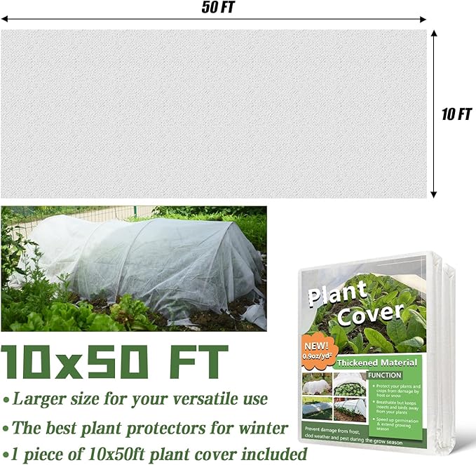 Plant Covers Freeze Protection 10 x 50 Ft, Thick Frost Cloth for Outdoor Plants, Winter Plant Blankets and Frost Covers for Garden Frost Protection, Floating Row Cover