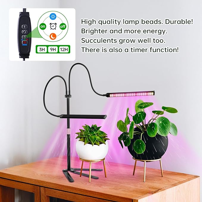 Super-Energy Tabletop LED Grow Lights 9.8"-32"Height Adjustable for Indoor Small/Medium Plants 6000K Full Spectrum with 3 Dimmable Model, Auto On Off Timing 3 9 12Hrs,5 Brightness(Strip Black)
