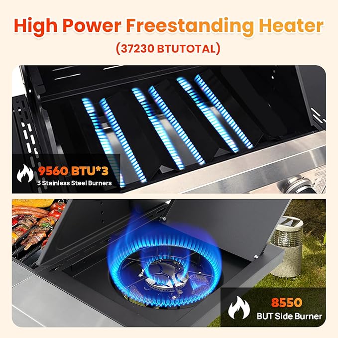 3 Burner Propane Gas BBQ Grill with Side Burner, Porcelain-Enameled Cast Iron Grates, Smoke Control Handle, 37,230 BTU Stainless Steel Grill for Outdoor Camping Barbecue Grilling Backyard Cooking