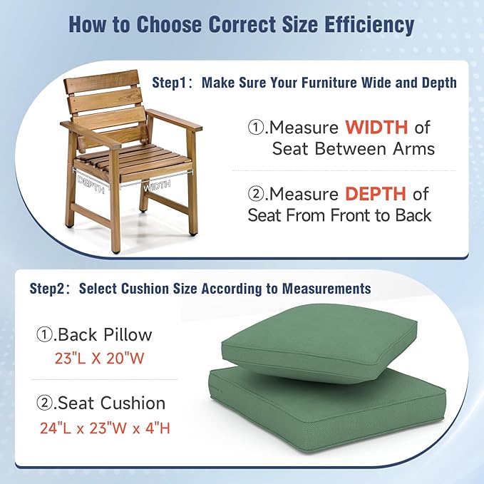 Outdoor Chair Cushions 23" x 24" x 4", Patio Deep Seat Replacement Cushions Set with Zippered Removable Cover, Weather-Resistant Olefin Fabric for Garden Chair Sofa Couch, Green