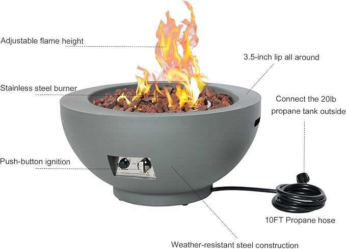 28-Inch Propane Fire Pit with Natural Gas Conversion Kit, 50,000 BTU Round Gas Fire Pit Table, Outdoor Fire Bowl Firepit with Lid, Lava Rocks, Cover, Pre-Attached 10FT Propane Hose, Gray
