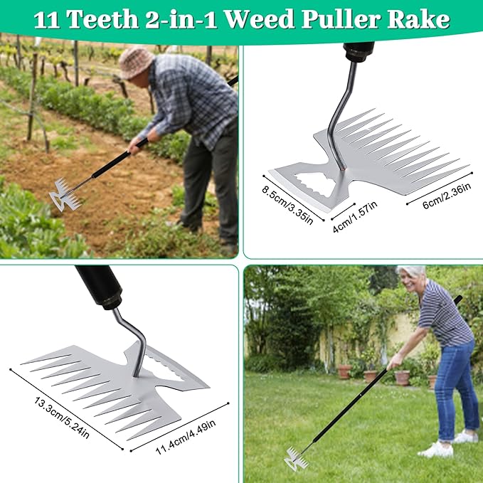 2-in-1 Weed Puller Rake Hand Weeder Garden Tools,New 11 Teeth Uprooting Weeding Tool with Adjustable Long Handle,Manganese Steel Weed Remover Tool for Garden,Lawn Weeding and Loosening Soil(Black)