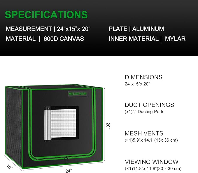 MELONFARM Small Grow Tent for Aerogarden,24”x16”x20” ,Hydroponics Growing System ,Highly Reflective 600D Diamond Mylar Canvas with Ventilation window and Floor Tray for Hydroponic Indoor Plant Growing