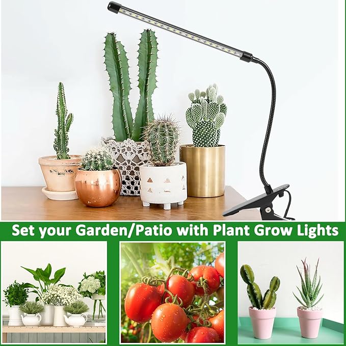 Sunny Power Clip On Grow Lights for Indoor Plants Full Spectrum, 6000K LED Plant Light for Indoor Growing With Adjustable Auto On/Off Timer, Dimmable, 3 Lighting Modes White Red Leds for Seed Starting