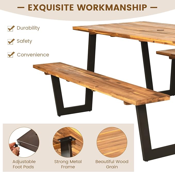 Tangkula Wooden Picnic Table, Outdoor Acacia Wood Picnic Table with 2 Built-in Benches, Umbrella Hole, Steel Frame, Outside Table and Bench Set for Garden, Backyard, Porch, Patio