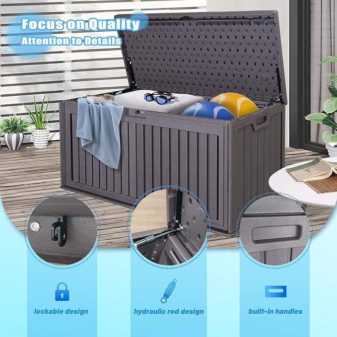 100 Gallon Waterproof Outdoor Storage Box, Outside Resin Deck Box for Patio Cushions, Garden Tools and Pool Supplies