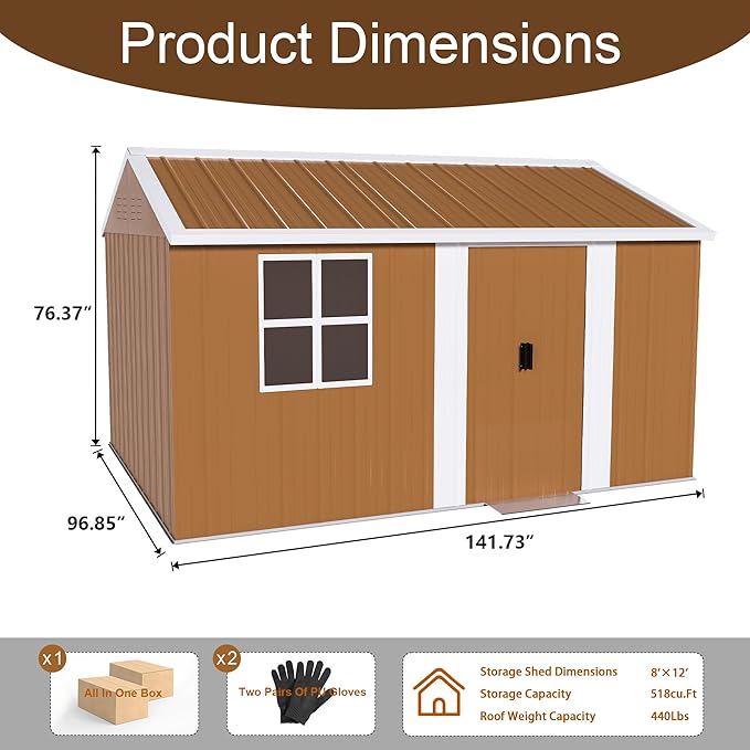 KEIKI 12FT x 8FT Heavy-Duty Metal Storage Shed, Outdoor Storage Shed with Floor & Window and Lockable Doors, Weatherproof Outdoor Garden Shed for Garden, Backyard, Patio, Lawn