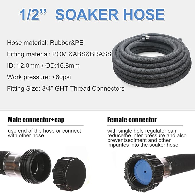 Taisia 1/2’’ Soaker Hose 30 FT Water Drip Garden Hose Drip Irrigation Hose Saves 70%Water Heavy Duty Rubber Round Soaker Hose for Garden, Lawn
