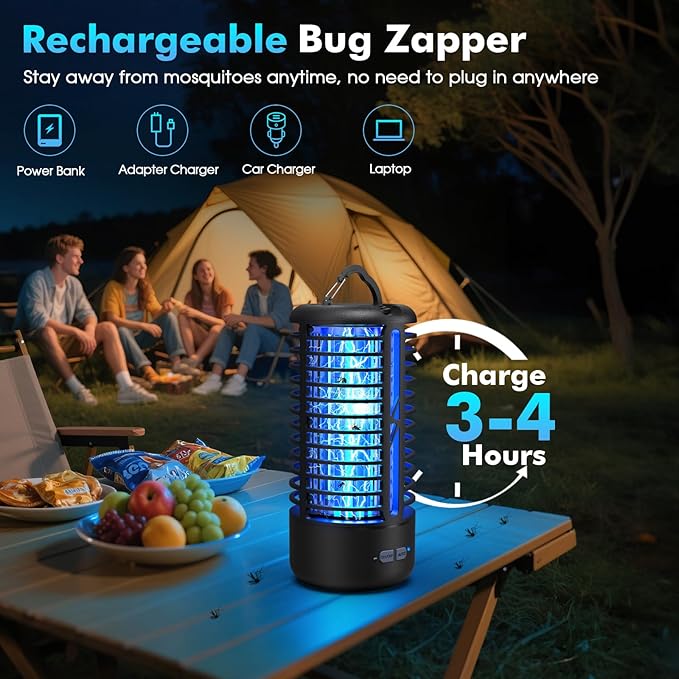 Rechargeable Bug Zapper, Portable Electric Mosquito Killer for Indoor & Outdoor Fly Trap for Camping, Patio, Garden, Kitchen, and Porch(1 Pack, Black)