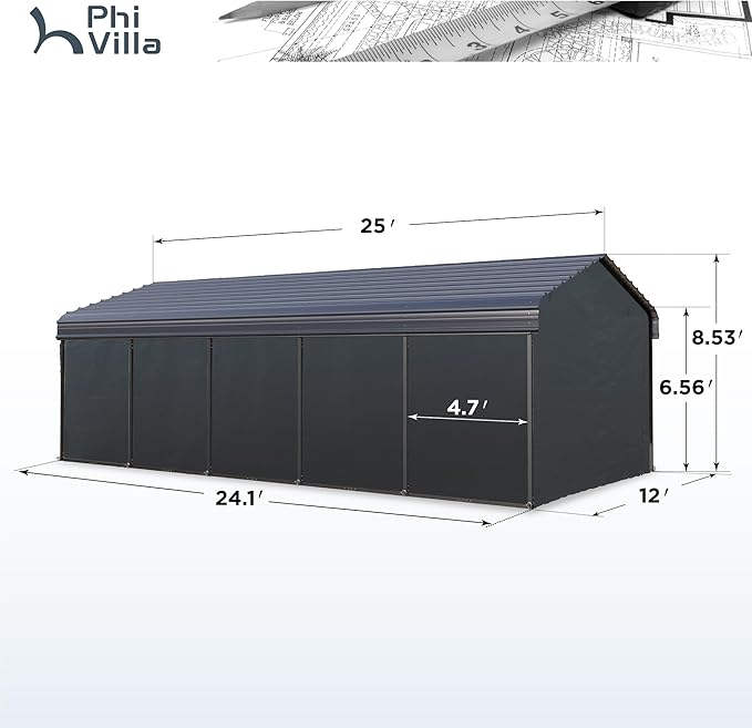 PHI VILLA 12 x 25 ft Heavy Duty Car Port with Galvanized Steel Roof with Sidewalls, Sturdy Metal Carport Kits for Cars, Boats, and Tractors