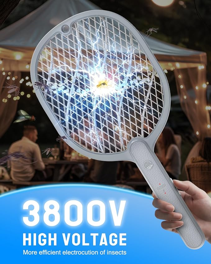Electric Fly Swatter, 3800V Handheld Bug Zapper Racket, Type-C Rechargeable, Mosquito Zapper for Indoor Outdoor, 3-Layer Safety Mesh, Easy to Use, Lightweight (Basic 1 Pack)