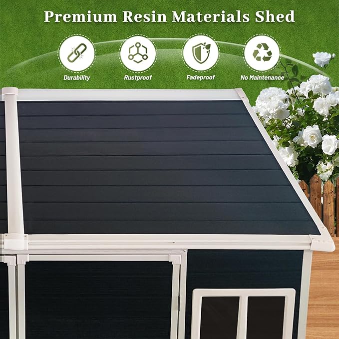 8x4ft Resin Outdoor Storage Shed with Floor and 2 Windows, Plastic Sheds & Outdoor Storage Clearance for Patio Furniture,GardenTools, Bike Accessories and Lawn Mower