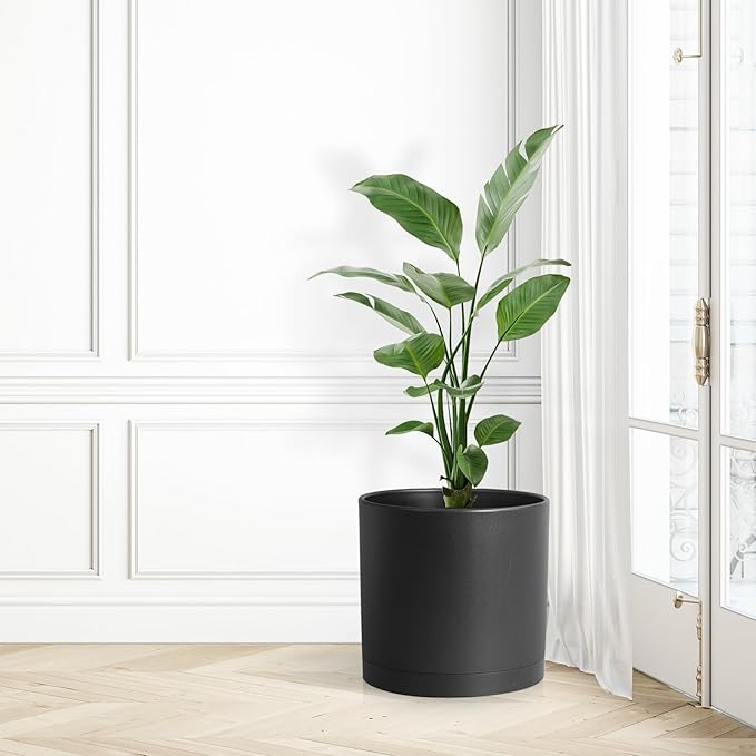 10 Inch Large Deep Plant Pots for Indoor Outdoor Plants, Tall Cylinder Flower Pots with Drainage Holes and Saucer, Big Plastic Planter Pots for Garden Porch House Plants, Black
