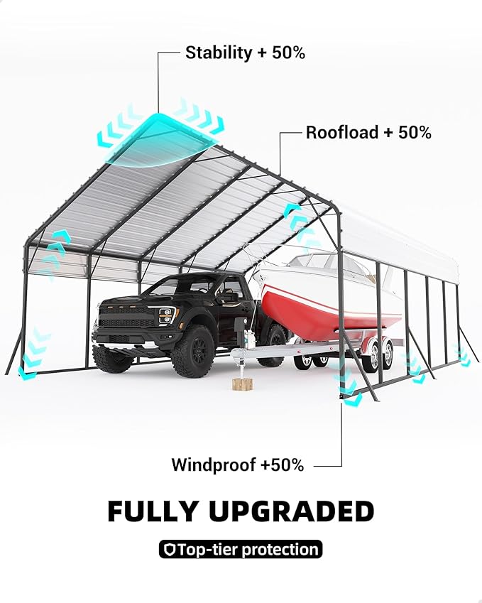 20x25x12.8 FT Metal Carport with Reinforced Frame, Galvanized Steel Roof & Enhanced Base Heavy Duty Car Ports for All-Weather Car Garage Shelter for Car, Truck, Pickup, SUV, Tractor, and Boat