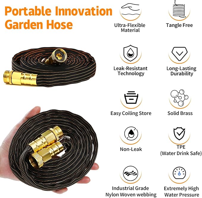 10FT Lightweight Flexible Garden Hose,Non-Slip Handles,Non-kink Hose,Solid Brass Fitting for Boats, RV Water Hose,Marine Washdown,Lawn,Garden,Leakproof TPE Hose (GreenBlack, 10 FT)