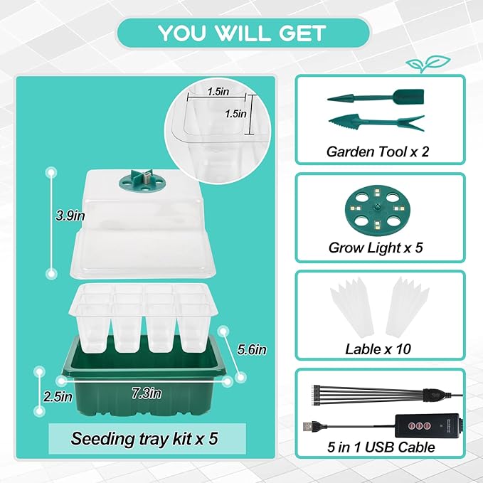 Seed Starter Tray Kit with Grow Light(2025 Upgrade 8 Full-Spectrum LED, Timer, Dimming, Higher Humidity Dome) 5 Pack Seedling Sprouting Trays Indoor Gardening Gifts Supplies Greenhouse Germination Kit