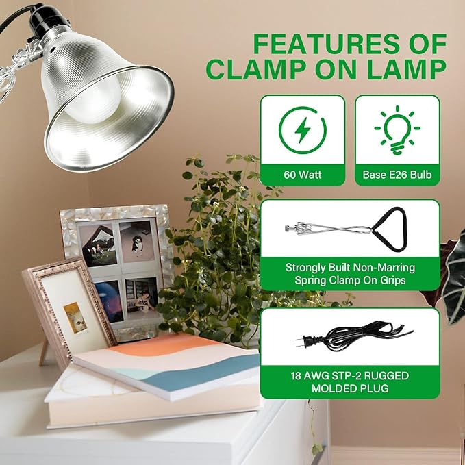 Simple Deluxe Clamp Light with 5.5 Inch Adjustable Aluminum Reflector, Suit for E26 Socket Max 60 Watt Lamp (No Bulb Included), 6 Feet 18/2 SPT-2 Cord, 1 Pack