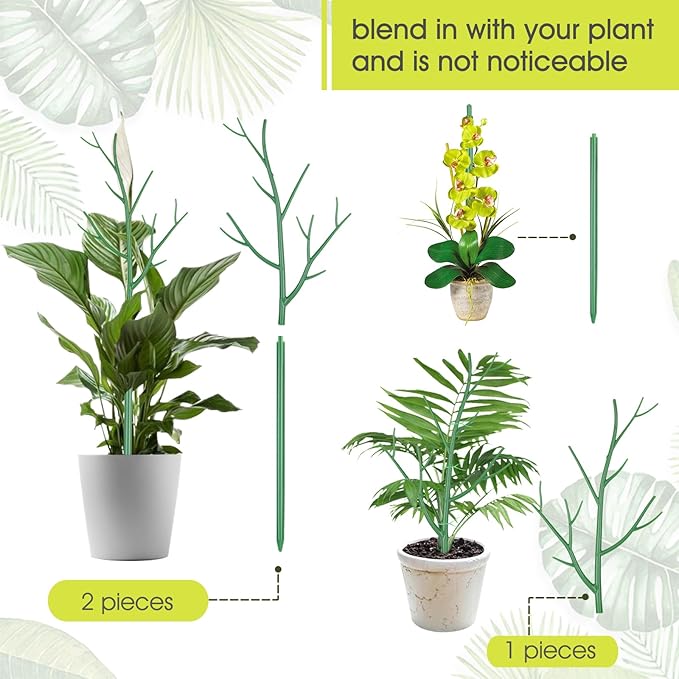10 Pack Plant Support Stakes for Indoor Plants, 27.56 Inch Twig Plant Sticks with Orchid Clips Twist Ties and Plant Ties for House Potted Plants and Flower, Plastic Branches Support Structures, Green