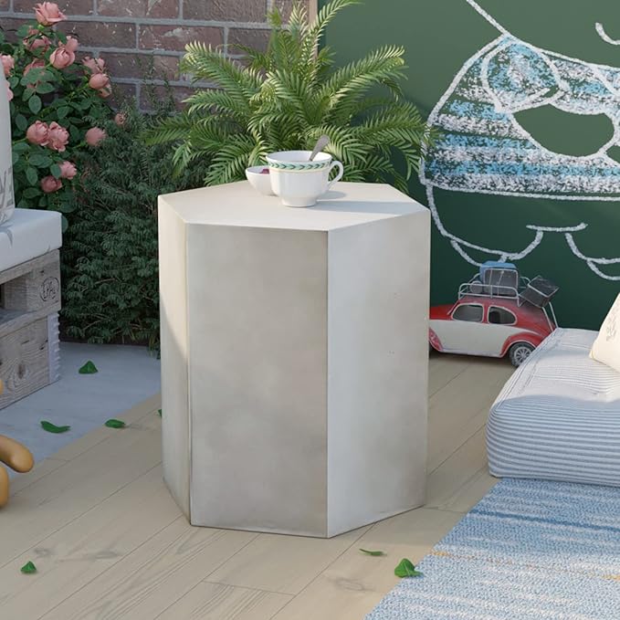 COSIEST Concrete Accent Table, Hexagon Patio Side Table 14.5''Wx16''H, Modular Design Indoor Outdoor End Table, Light Grey