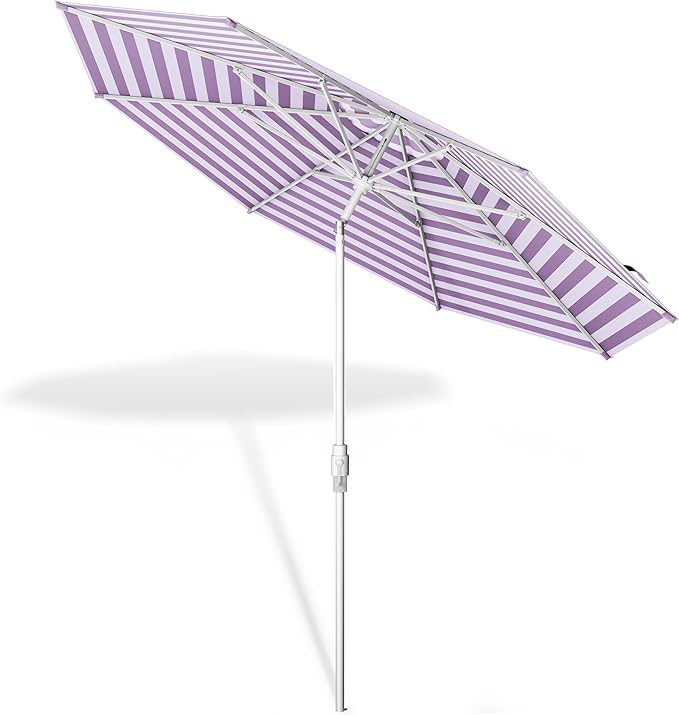 Midtown Umbrellas The Swilt 8 Feet Patio Umbrella in Terylast Midtown Stripes Purple/White Polyester Fabric - Fiberglass Ribs, Auto-Tilt Aluminum Frame For Backyard, Deck, Garden, Pool - White Pole