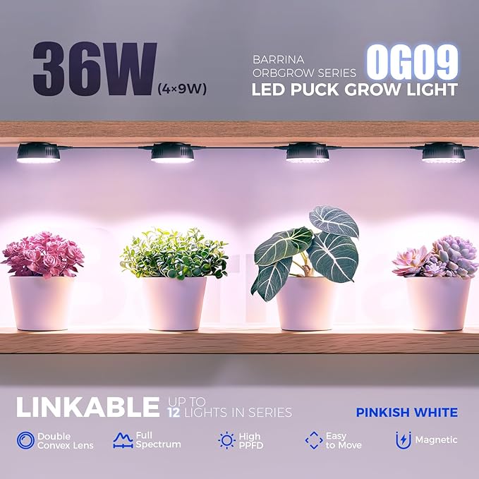 Barrina Orbgrow OG09 Puck LED Grow Light, Pinkish White 36W(4 x 9W, 540 Watt Equiv), Plant Lights for Indoor Plants Full Spectrum, Magnetic & Linkable, Small Grow lamp for Plant Shelf, 4 Packs, Black
