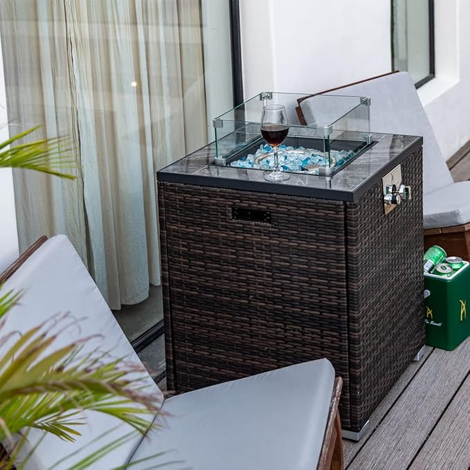 24in Outdoor Propane Gas Fire Pit Table, 40,000 BTU Auto-Ignition Gas Firepit with Glass Wind Guard, Marble Tile Tabletop, Mixed Color Glass Rocks, Brown PE Rattan