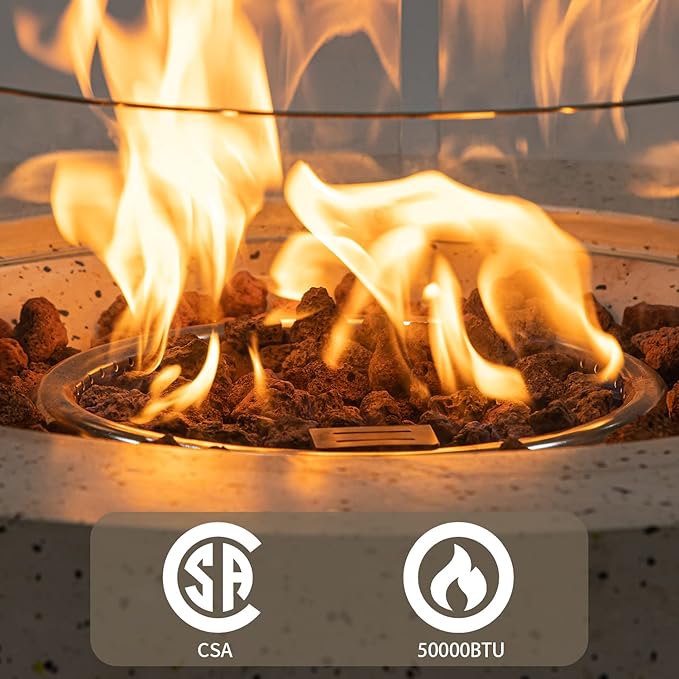 SUNBURY Outdoor 42 Inch Propane Fire Pit Table, Patio Gas Fire Table 50,000 BTU Fire Pit for Outside in Spotted White w Glass Wind Guard, Lava Rocks